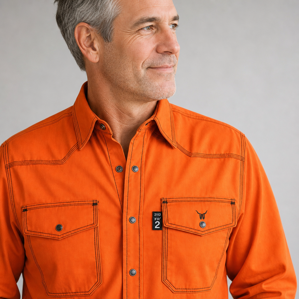 WeldaBeast 7 oz NFPA 2112 Cat 2 88/12 Flame Resistant Orange Western Style Shirt